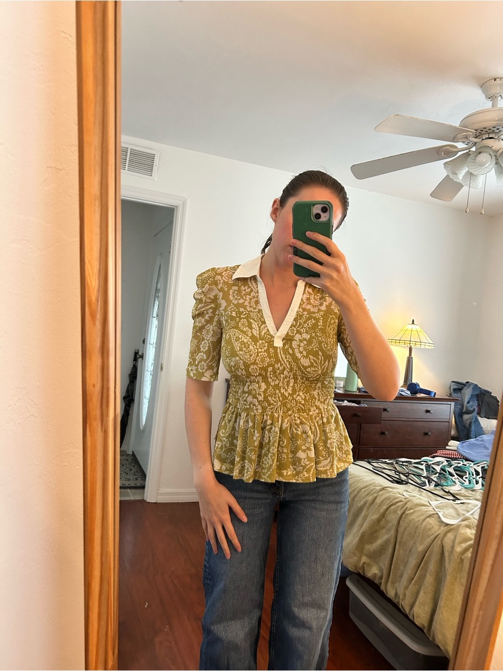 Maeve Green Floral Smocked Peplum Top with White Collar - Picture 3 of 4